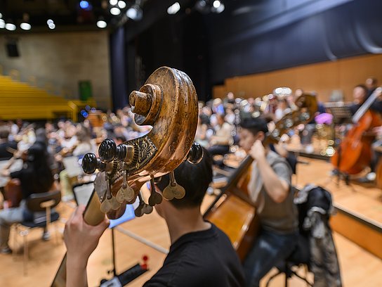 Orchester im Hintergrund und im Vordergrund eine Person am Kontrabass