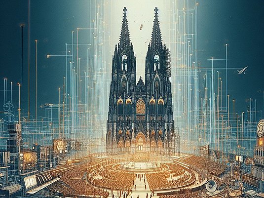 Grafische Darstellung des Kölner Doms, drumherum Personen und technische Geräte